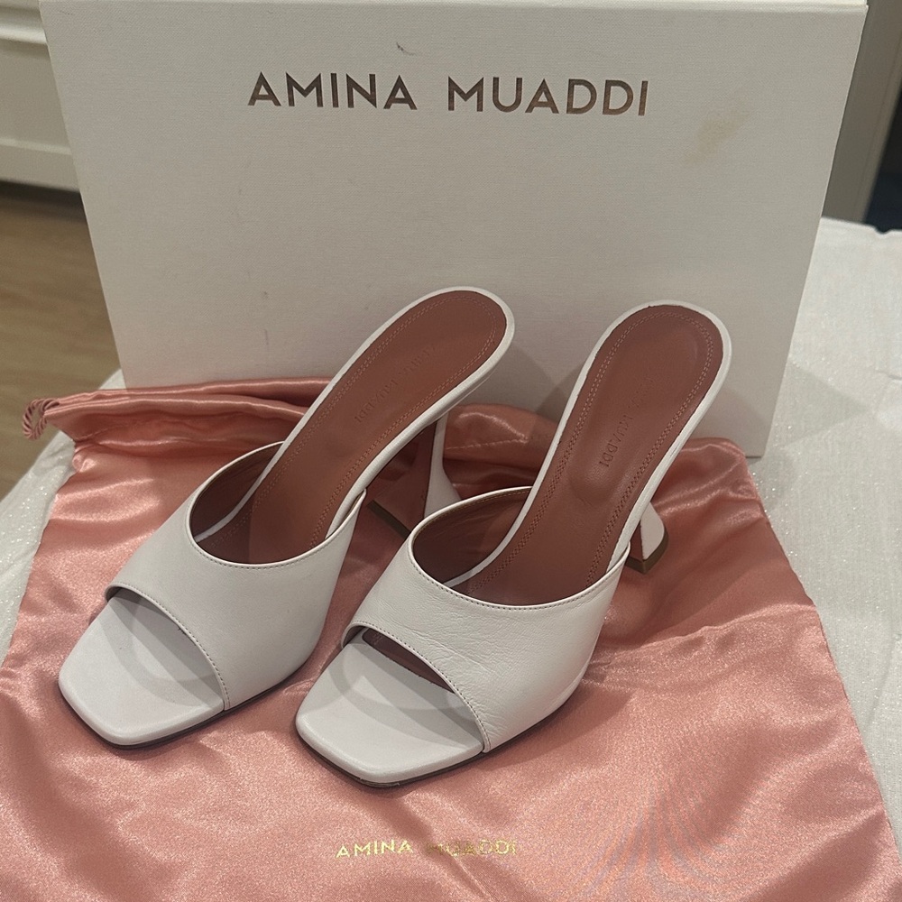 Amina Muaddi Lupita White Leather Open-Toe Sandals